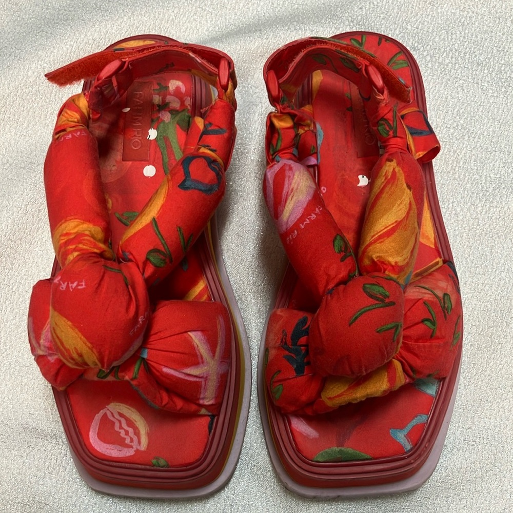 FARM Rio Red Floral Knotted Platform Sandals
